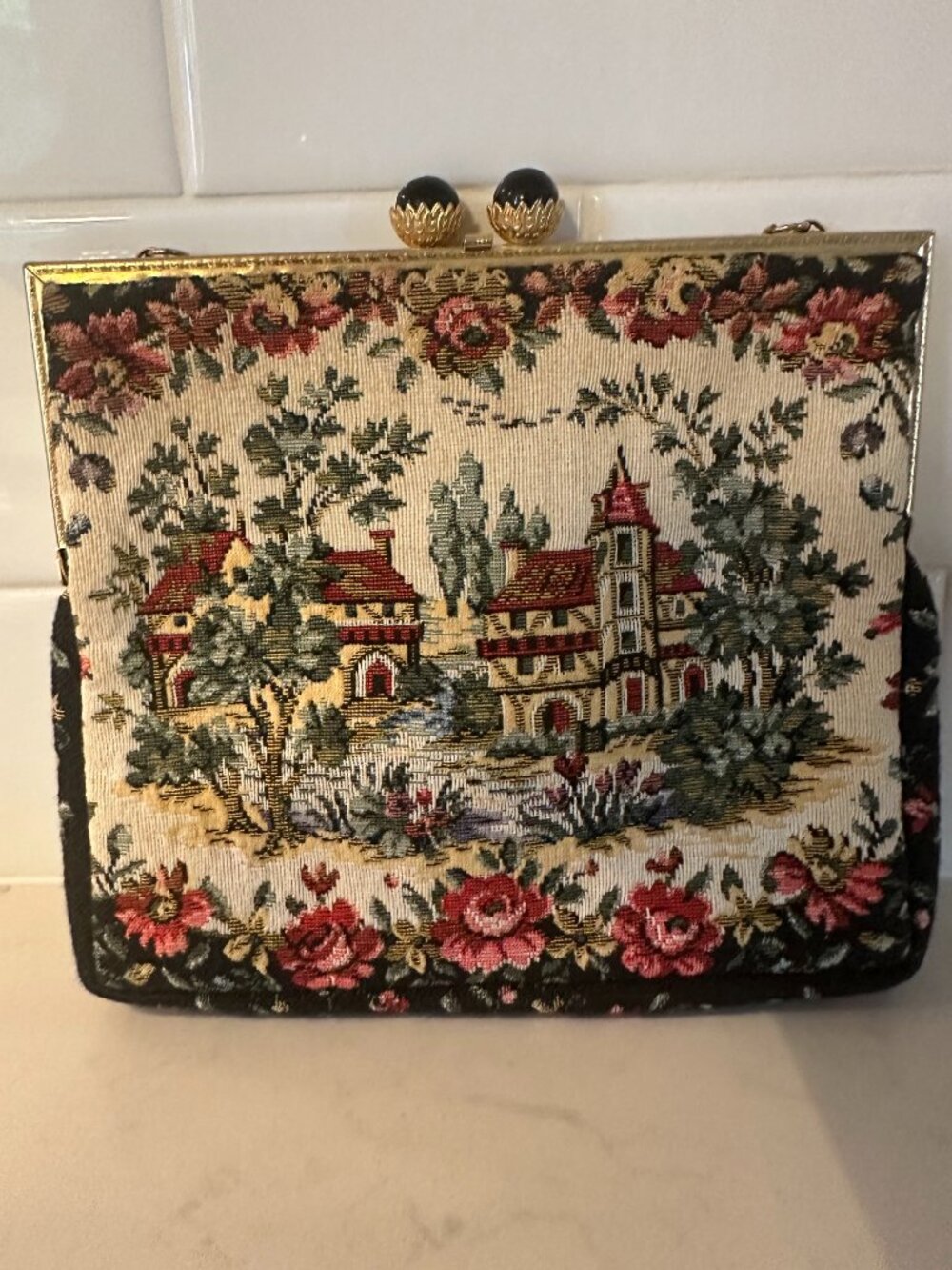 Vintage Mid-Century Tapestry Bag Clutch Pastoral Landscape Made in France Strap